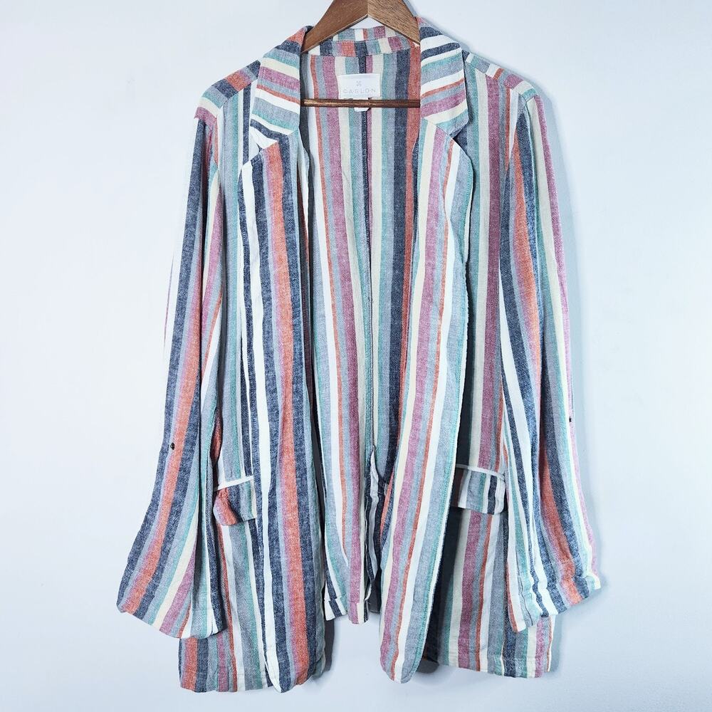Caslon Womens Linen Blend Multi Color Striped Roll Tab Open Blazer Size XXL